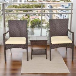 3-Piece PE Wicker Outdoor Patio Furniture Set with Removable Washable Cushions and Glass Table