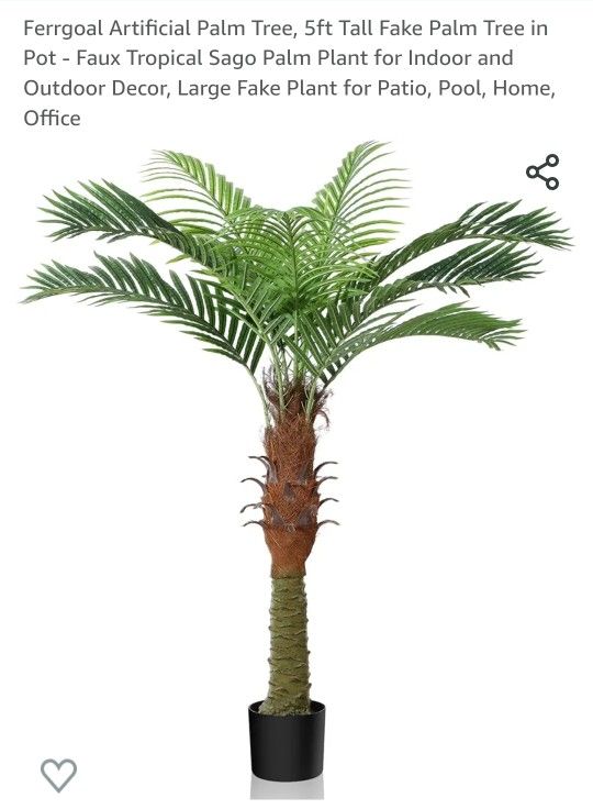  Artificial Palm Tree, 5ft Tall Fake Palm Tree in Pot - Faux Tropical Sago Palm Plant for Indoor and Outdoor Decor, Large Fake Plant for Patio, Pool, 