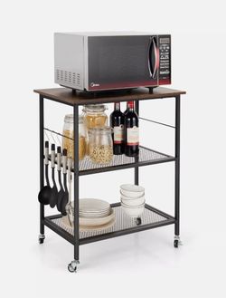 Costway 3-tier Kitchen Serving Cart Utility Standing Microwave Rack W/ Hooks