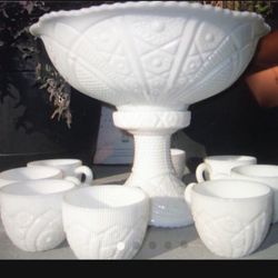 Milk Glass Punch Bowl, Stand & 12 Glasses 