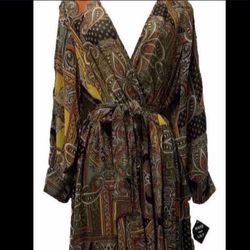✨New With Tags✨ Size 12 Brown Gold Brick Paisley Long Dress Slit Sleeves V-neck Tie Waist 