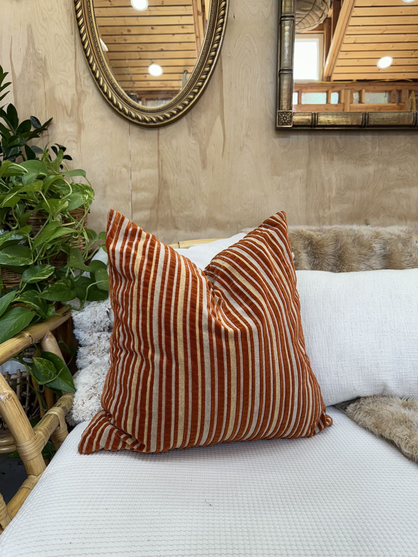 Vintage Striped Chenille Velvet Overstuffed Pillow Red Orange Zip Top Down Insert Bold Modern Velour Textured