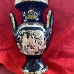 10 inch 24k Black & Gold Handmade In Greece Imported From Greece Greek Ceramic Vase (READ DESC) 
