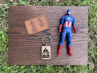 Captain America Action Figure, Engraved Keychain & Iron on Patch