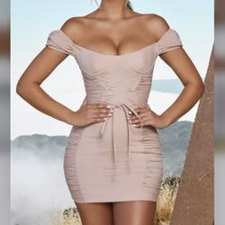 New Oh Polly Blush Scrunch Puff Sleeve Underwired Mini Dress