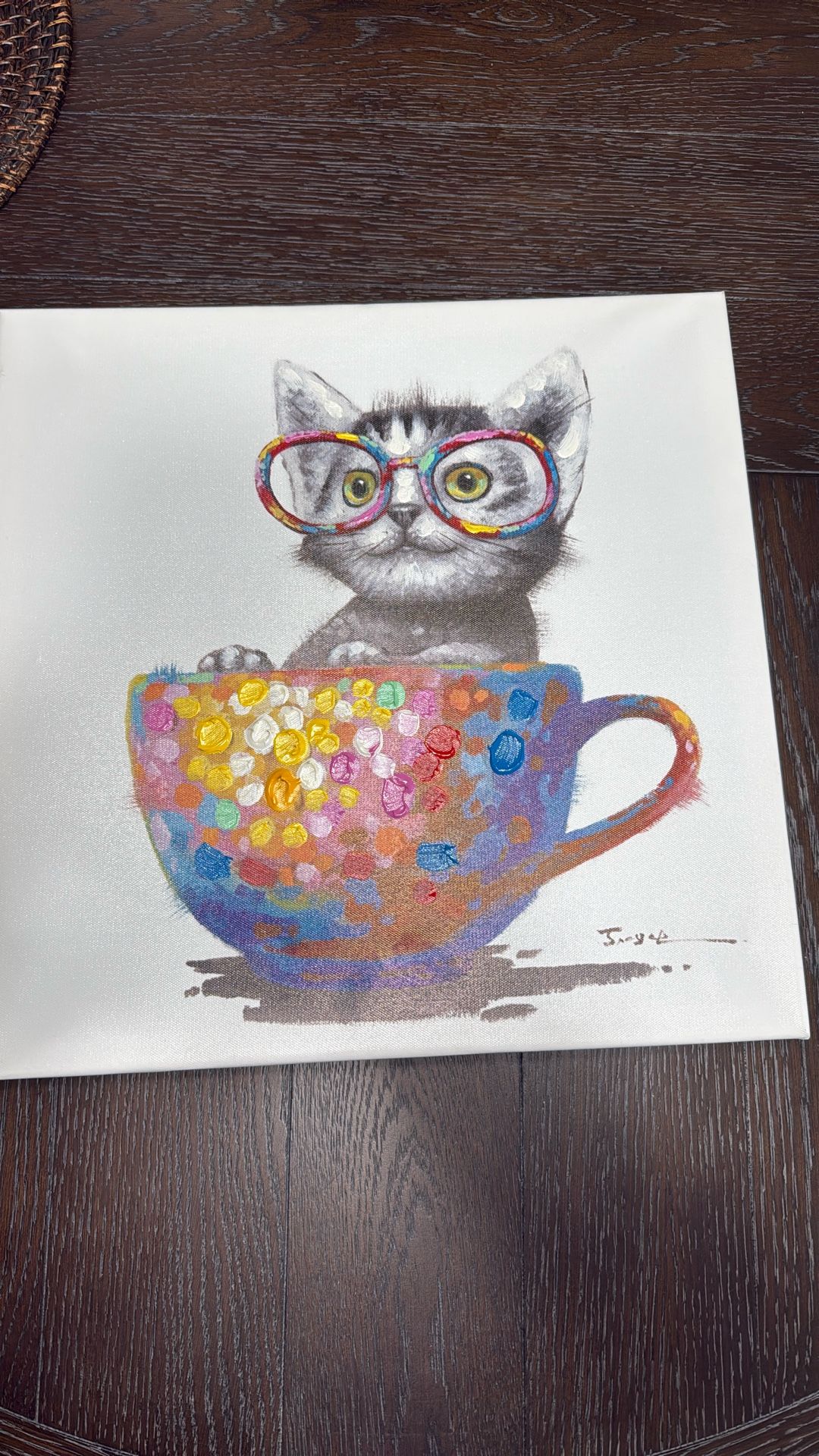 Modern Abstract Pop 16" x 16” Art Deco Cute  Cat Wearing Glasses In A Coffee Cup