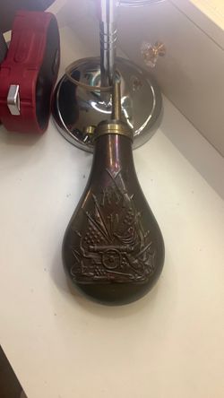 Antique Brass Powder Flask with Military Embossing