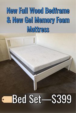 New Full Wood Bed Frame & Gel Memory Foam Mattress