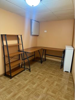 Corner desk with shelving unit