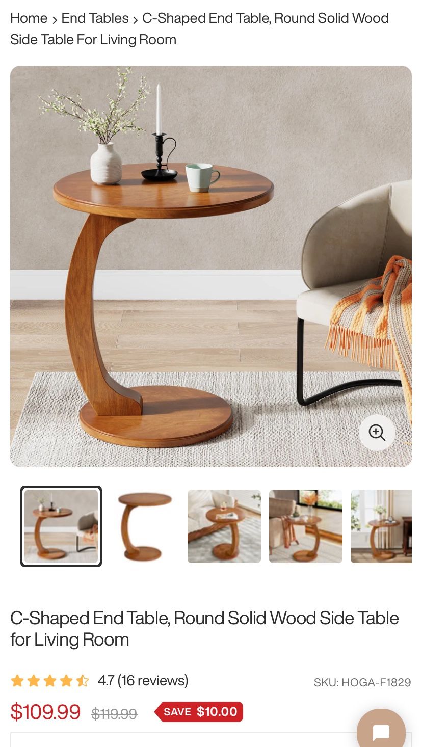 C-Shaped End Table, Round Solid Wood Side Table
