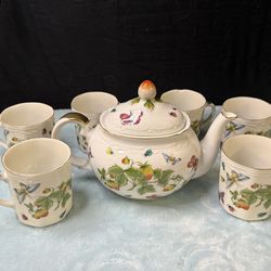 VTG Lenwile Ardalt  Springtime Bugs & Berries China Teapot W/Lid & 6 Teacups