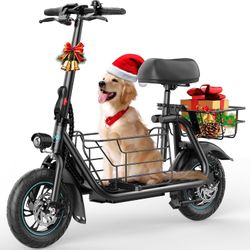 Electric Scooter with Seat – 550W Motor, 18.6 MPH Top Speed, 20-Mile Range, Large Storage Basket for Pets & Cargo