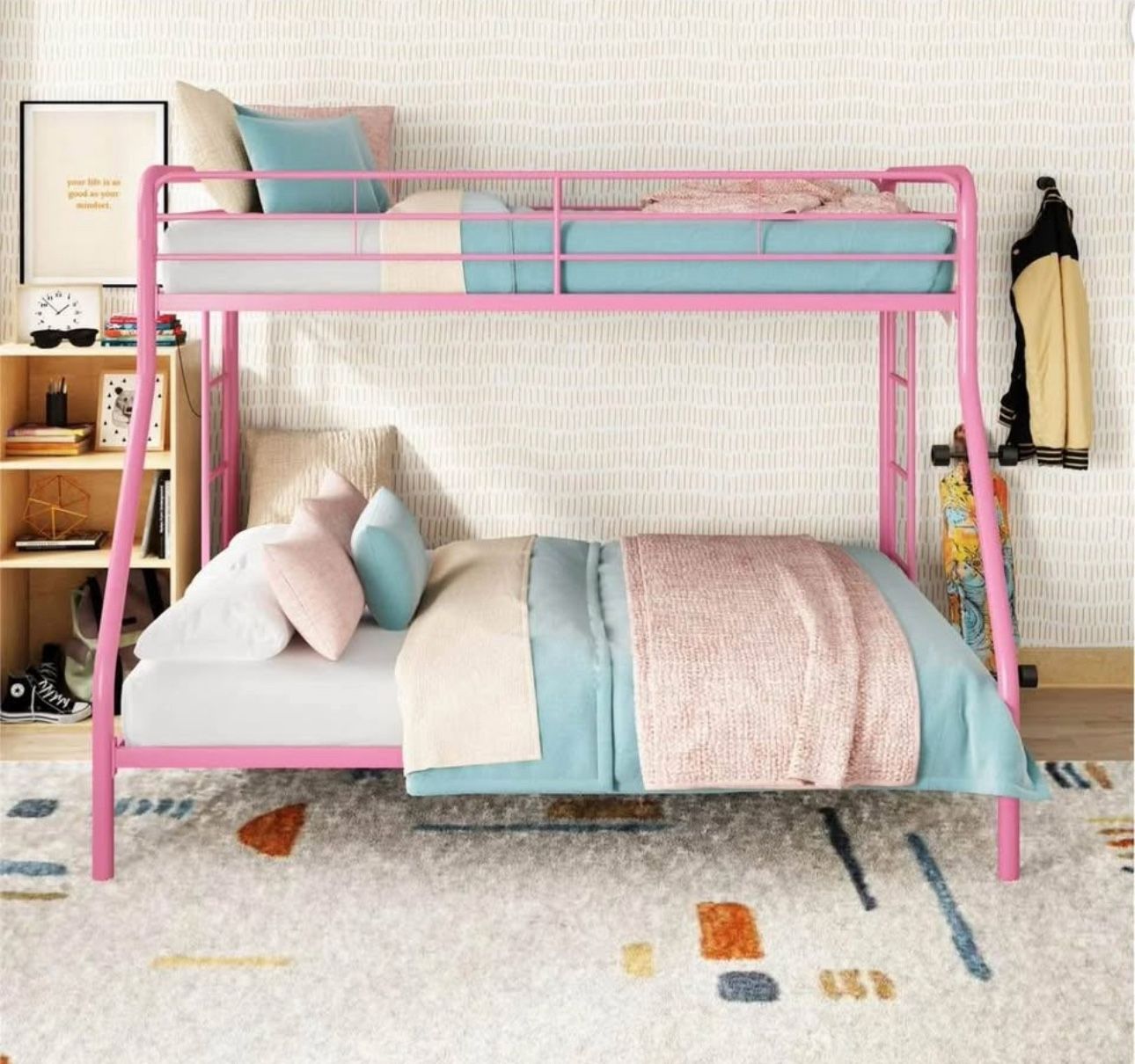 Twin over Full Metal Bunk Bed with Secured Ladders, Pink