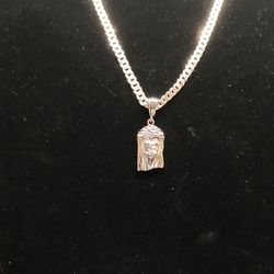 925 Silver Diamond Cut Curb With Jesus Face Pendant