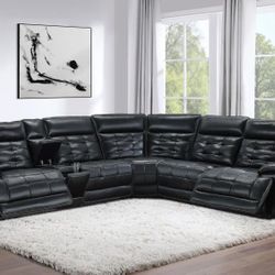 HEWITT LEATHER DUAL POWER RECLINING SECTIONAL SOFA BLACK