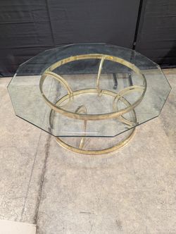 Vintage Octagonal Glass Top Coffee Table with Gold-Tone Base
