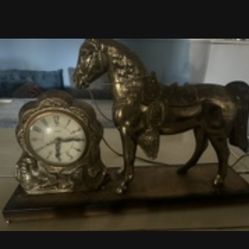 Vintage 1950s United Horse Clock. Brass Tone. Still Works