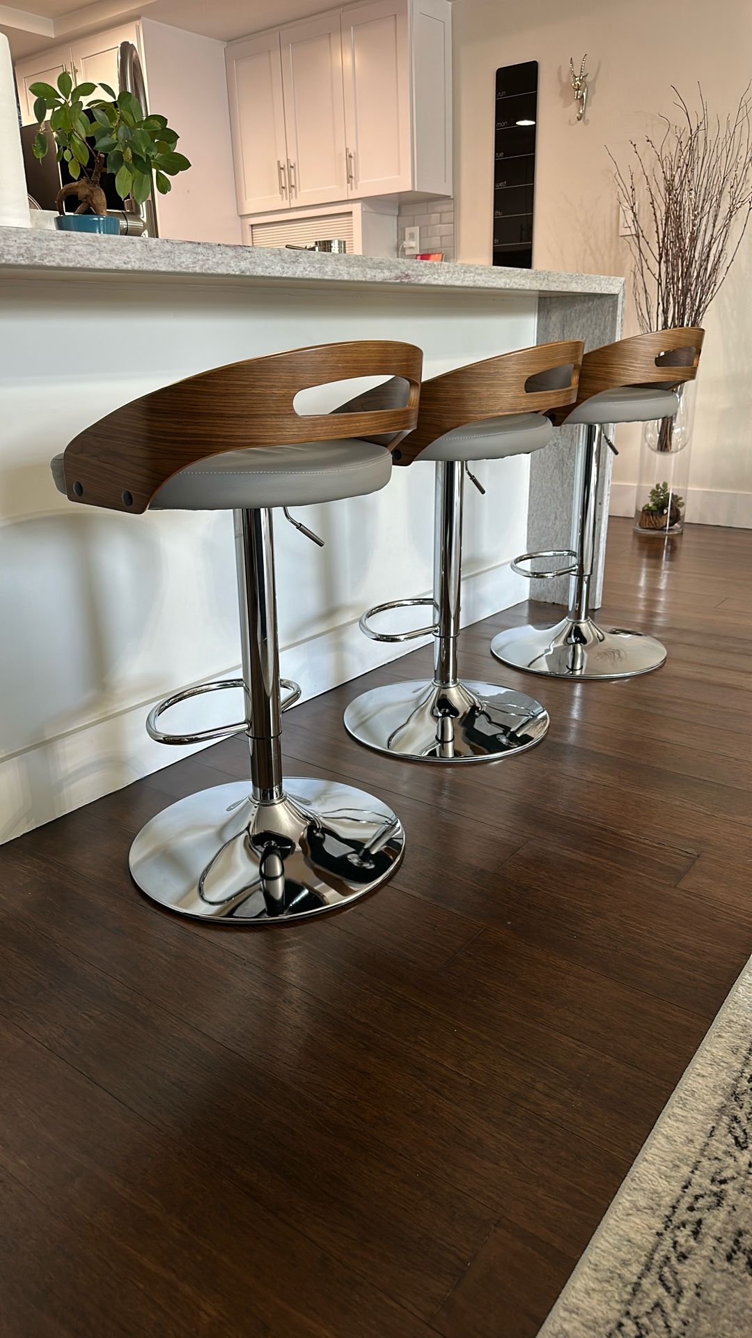 Set of 3 Counter Bar Stools - Swivel Height Adjusting 24”-33” Seat Wood Grey Chrome
