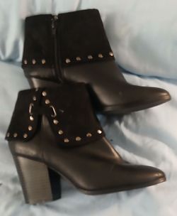 Black Leather Studded Heeled Easy Street Ankle Boots