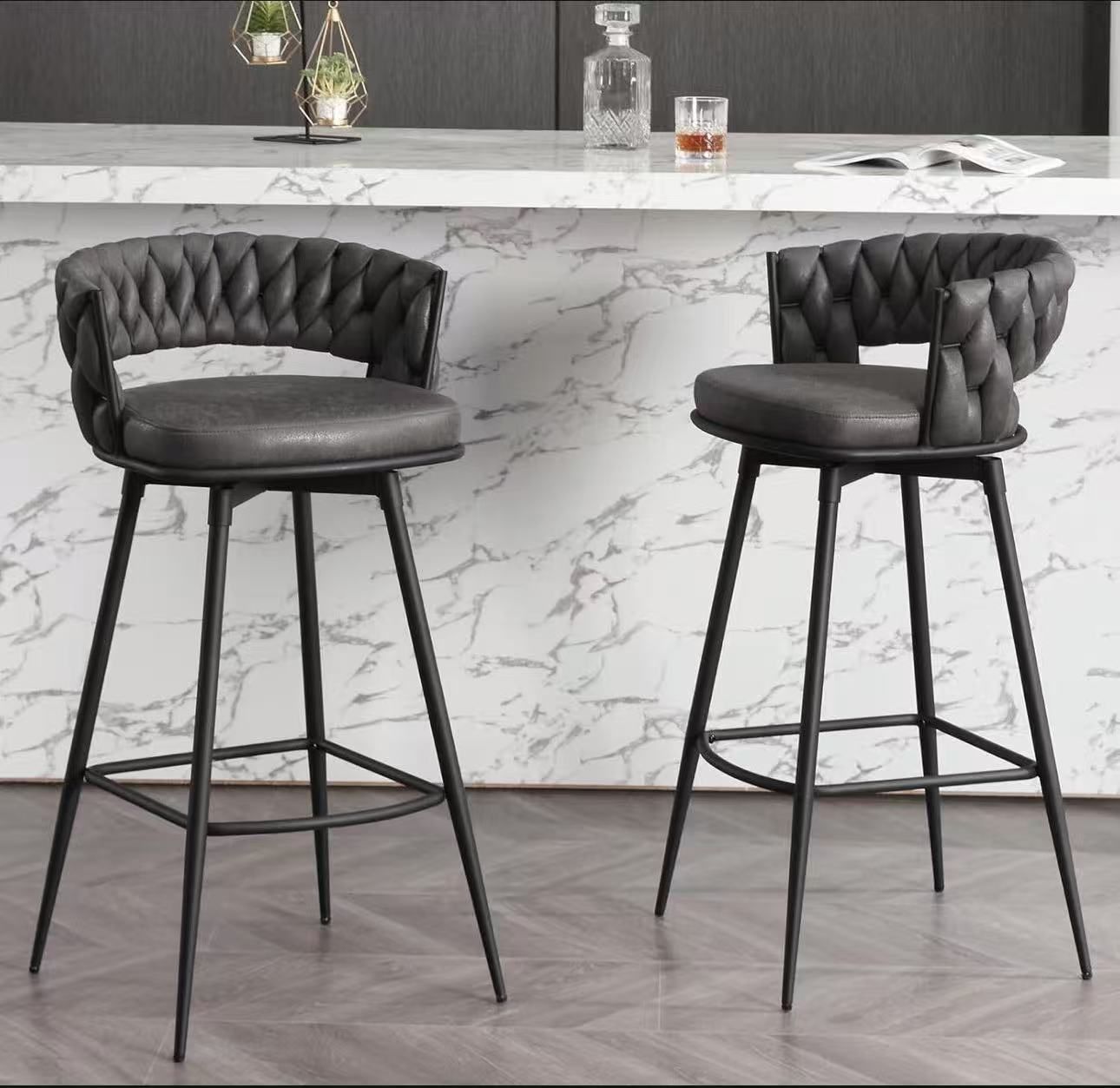 Modern Bar Stools Set of 2, 30" Bar Height Barstools, 180° Swivel Suede Fabric Stool Chairs with Wo