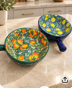 Henten Home Ceramic French Onion Soup Bowls with Handle, 18 oz, Set of 2 Bohemian Style Pattern, Colorful Crocks for Pasta, Beef Stews,