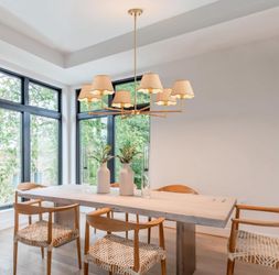 Modern Organic 6-Light Brass & Rattan Scalloped Shade Chandelier