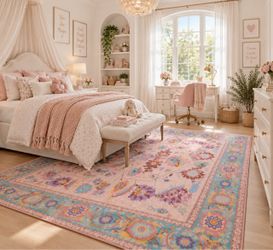 Rug 8x10Vintage Oushak Vibrant Pink Living Room Area Rug Non Slip Washable Soft Plush Texture Bold Oriental Medallion Pattern Non-Slip Backing Stain R