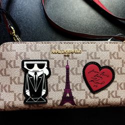 Karl Lagerfeld Continental Wallet & Crossbody Purse Paris red brown card holder