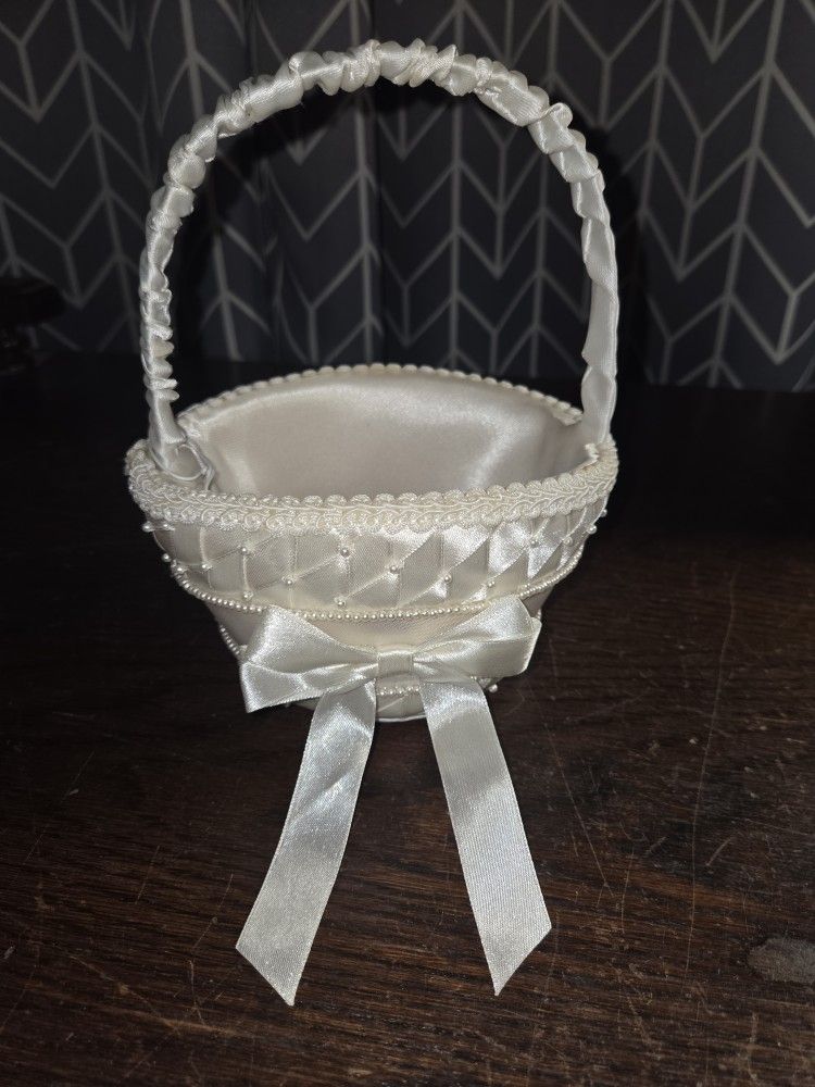 White Satin and Lace Flower Girl Basket with Pearls