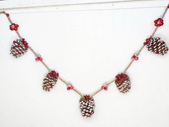 Handmade Christmas Pine Cone Garland - 5 Frosted Pine Cones with Red Berries & Buffalo Check Bows - Rustic Jute Twine
