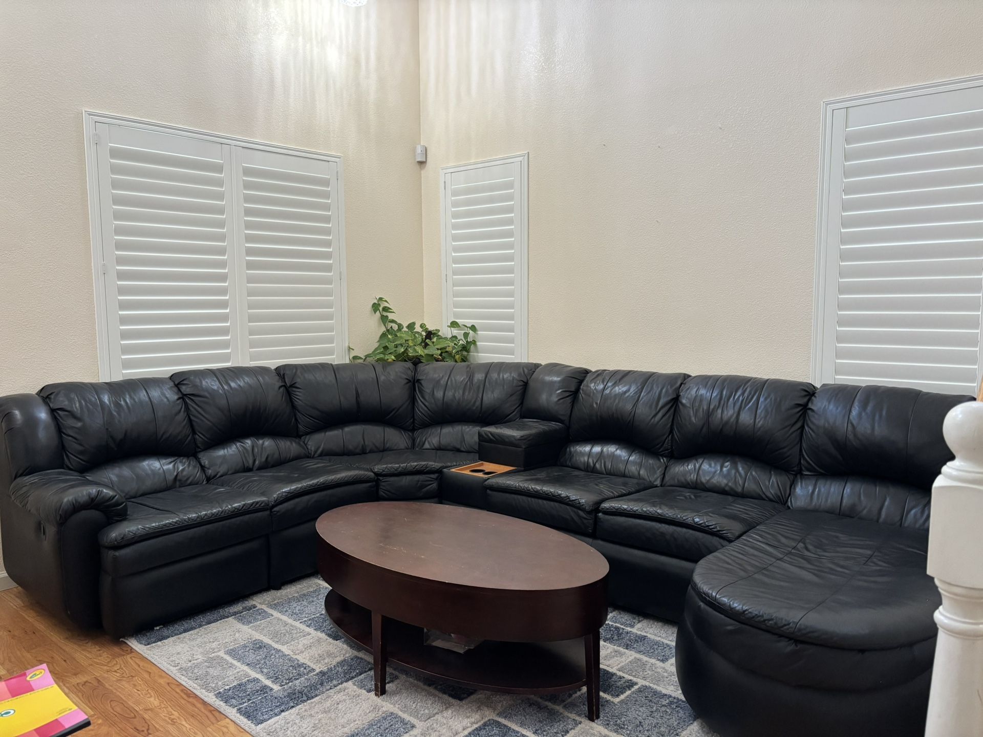 Six Seater Black Leather Sofa With Coffee Table