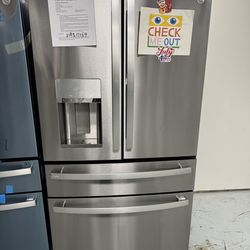 GE Profile 4-door refrigerator with autofill dispenser and one year manufacturer warranty