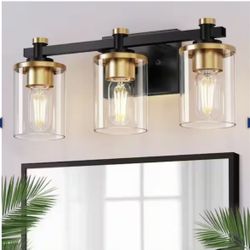 YANSUN 3-Light Vanity Light with Clear Glass Shades, Black and Gold Bathroom, 20 Inches