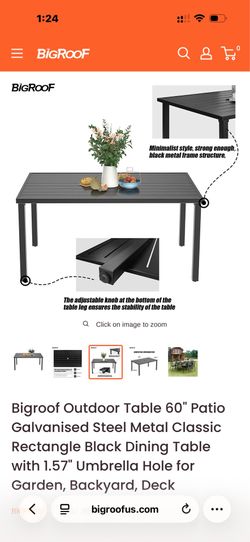 Bigroof Outdoor Table 60" Patio Galvanised Steel Metal Classic Rectangle Black Dining Table with 1.57" Umbrella Hole for Garden, Backyard, Deck