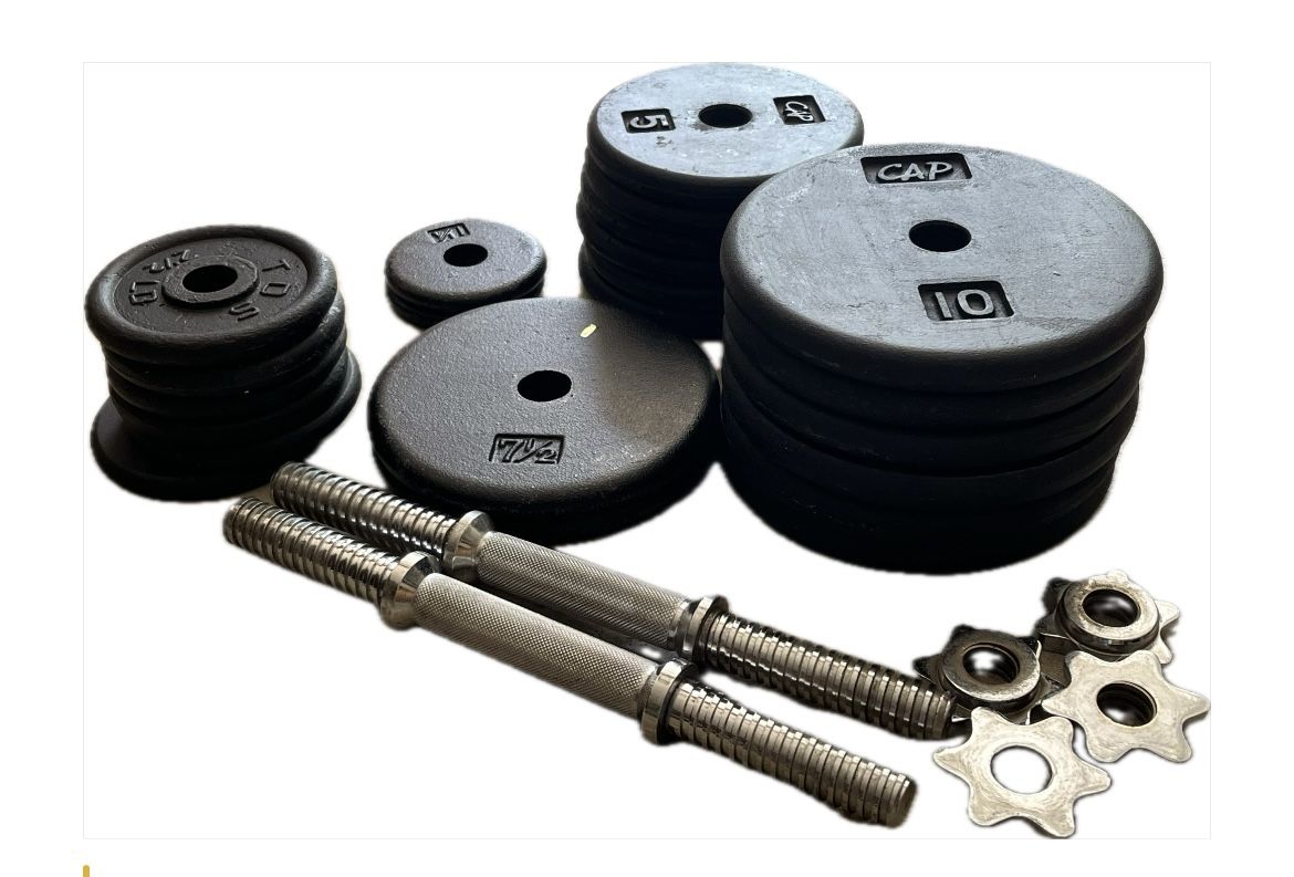 120lbs of 1” cast iron weight plates with 2 Dumbell Loading Bars for 1” weights