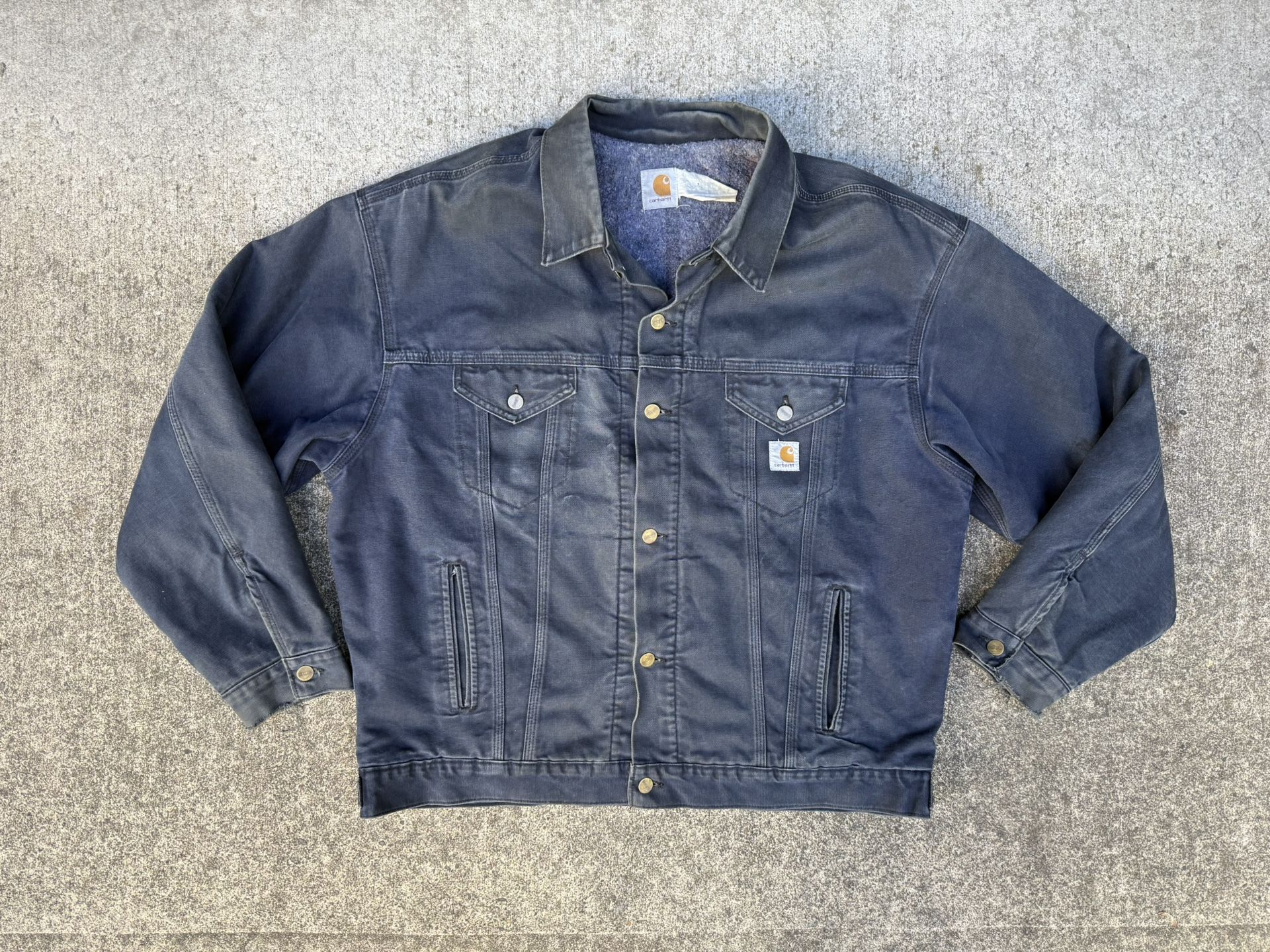 Vintage Mens Carhartt Blanket Lined Trucker Jacket Navy Blue XXL