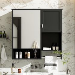 29 in. W x 28 in. H Rectangular Black MDF Surface Mount Medicine Cabinet with Mirror, with Towels Bar