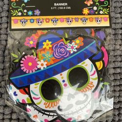 Dia De Los Muertos 6’ Banner With Sugar Skulls.