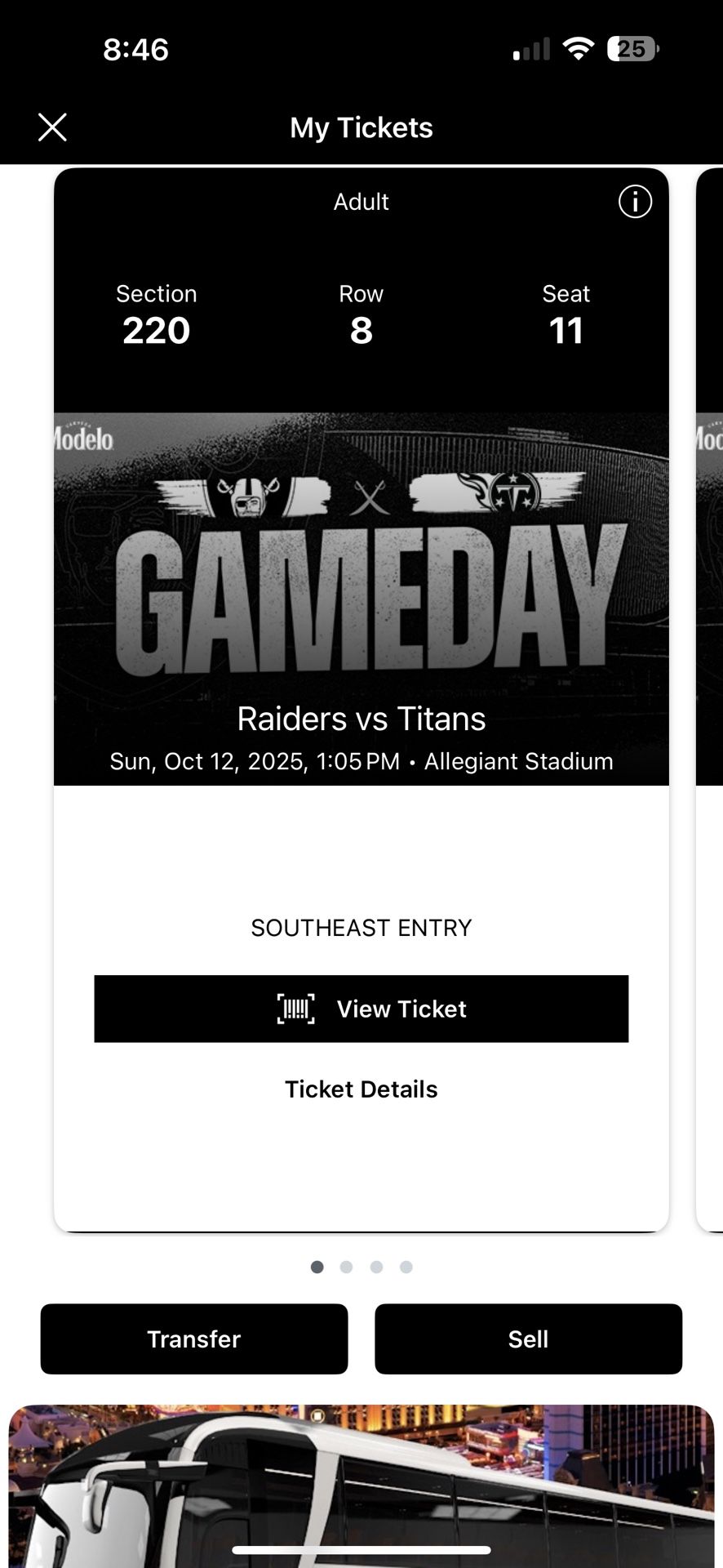 Raiders vs Titans 10/12 1:05pm Section 220
