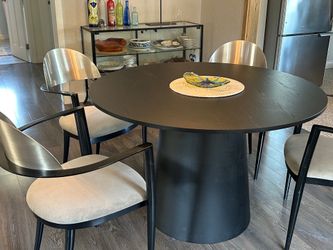 Beautiful Black Pedestal Dining Table with Metal & Glass Buffet