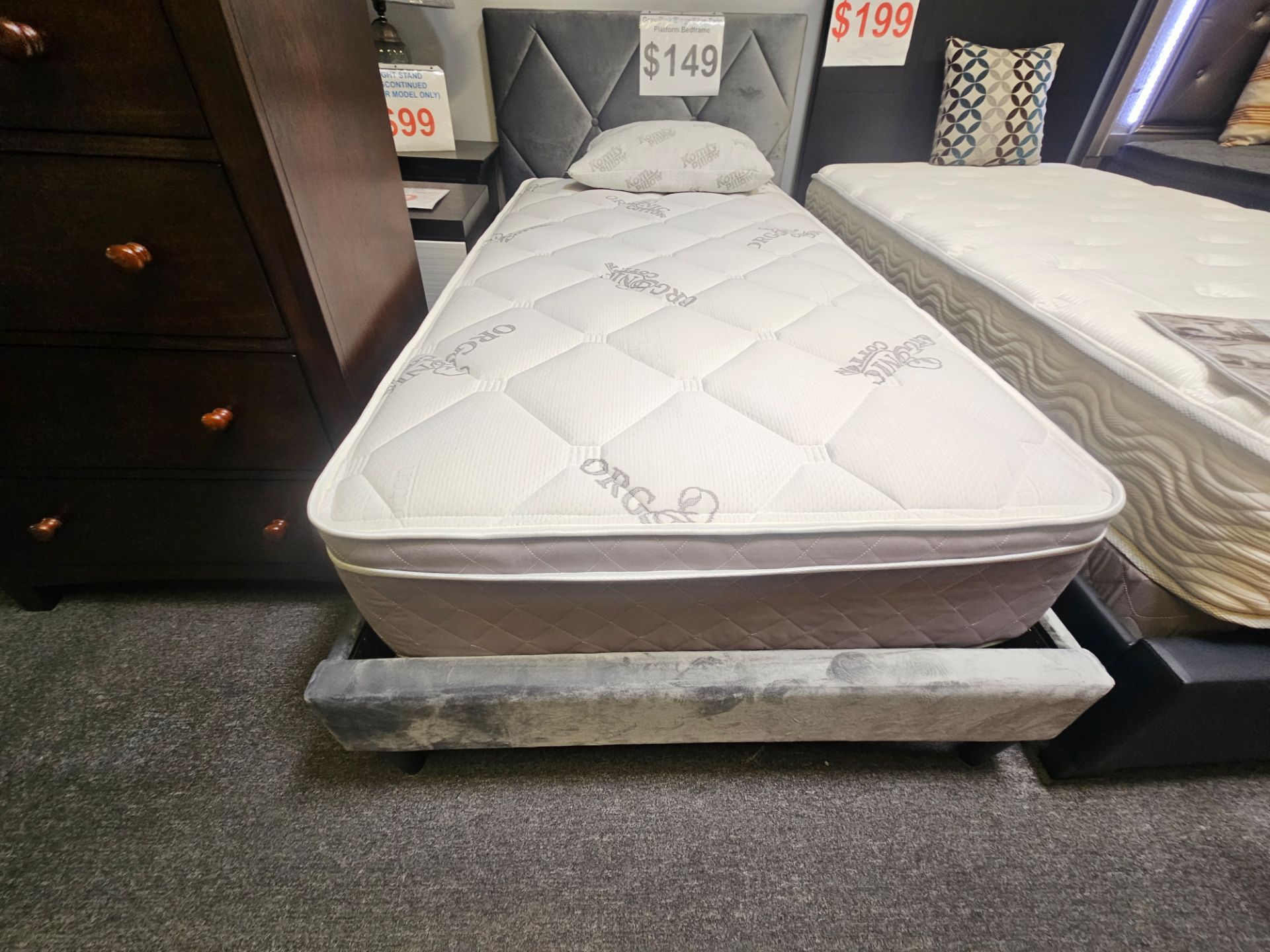 Brand new light gray velvet twin platform bedframe + 12" thick soft innerspring twin mattress