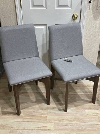 New Set 2 Mid Century Modern Accent Chairs Gray Fabric Walnut Kitchen Dining Chair