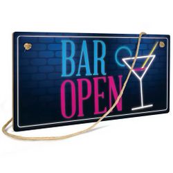 Bar Open Neon Style Cocktail Wall Hanging Sign w / Rope 9.5” Cool Fun Home Decor
