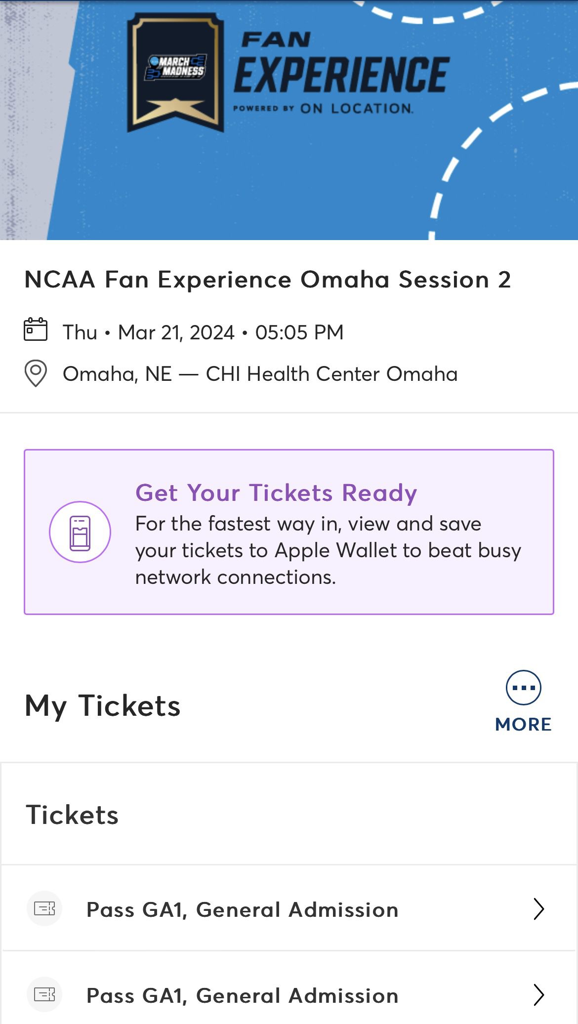 NCAA Fan Experience March Madness Omaha Session 2 (Two tickets)