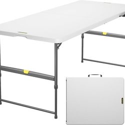 B68 $60  6ft Portable Folding Table, 3 Heights, One-Handed Height Adjustment, Gravity Lock, Carry Handle, Indoor Outdoor Heavy Duty Fold-in-Half Utili