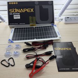 Brand New SUNAPEX 12V 10 Watt Solar Trickle Charger Maintainer - Waterproof Solar Powered Battery Charger - Solar Panel Kit Built-in Smart SKU364-S1