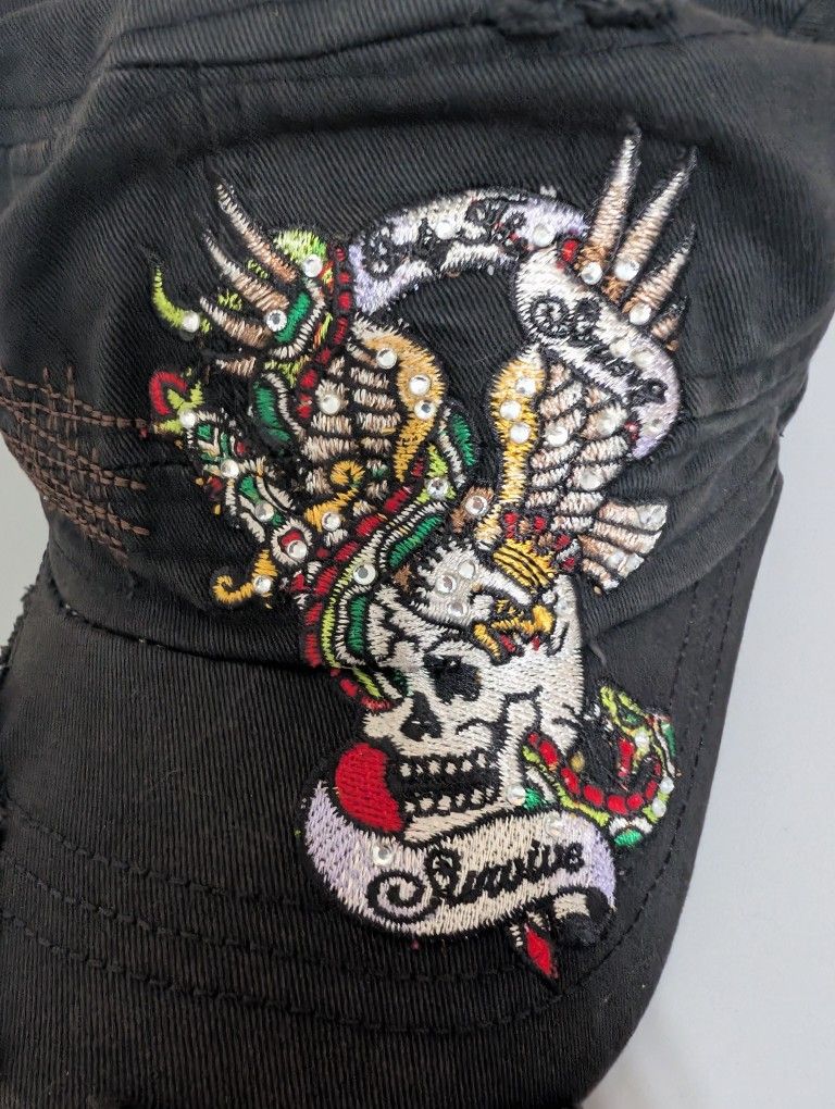 Leader Womans skull Rhinestoned Army Cap Style distressed Hat Cap Black