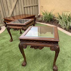 English Two Woods Chippendale Mahogany Carved Ball & Claw End Tables - A Pair