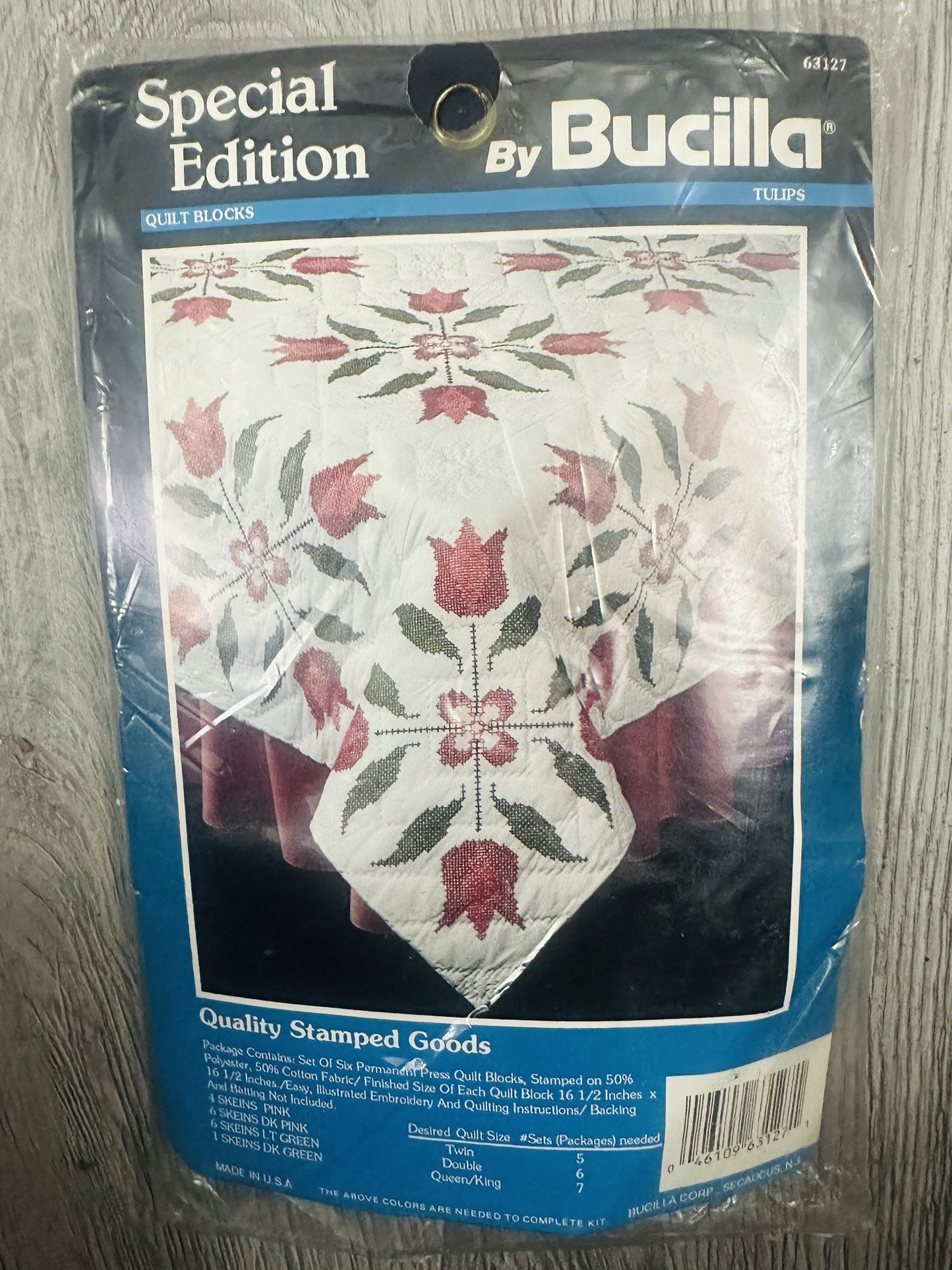 New Bucilla Tulips Quilt Blocks #63127 Stamped Craft Kit Made in USA VTG Cottage