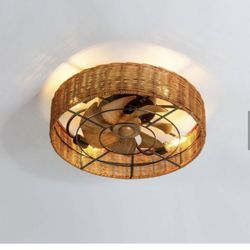 Urban 19 in. Indoor Brown Low Profile Farmhouse Caged Bladeless Natural Ceiling Fan with 4-Light with Remote Included